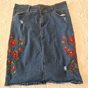 Sandpiper Embroidered Distressed Denim Skirt Size 14